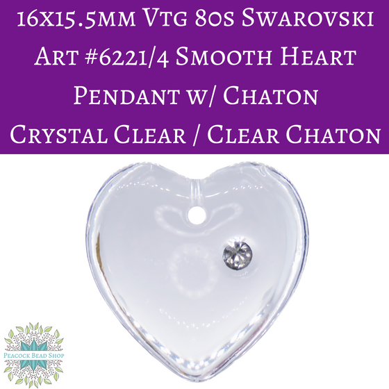 1 pc) 16x15.5mm Swarovski Vintage 80s Art #6221/4 Smooth Heart Pendant with Set Chaton in Crystal Clear