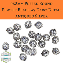  25 beads) 9x8mm Puffed Round Pewter Beads with Daisy Detail Antiqued Silver