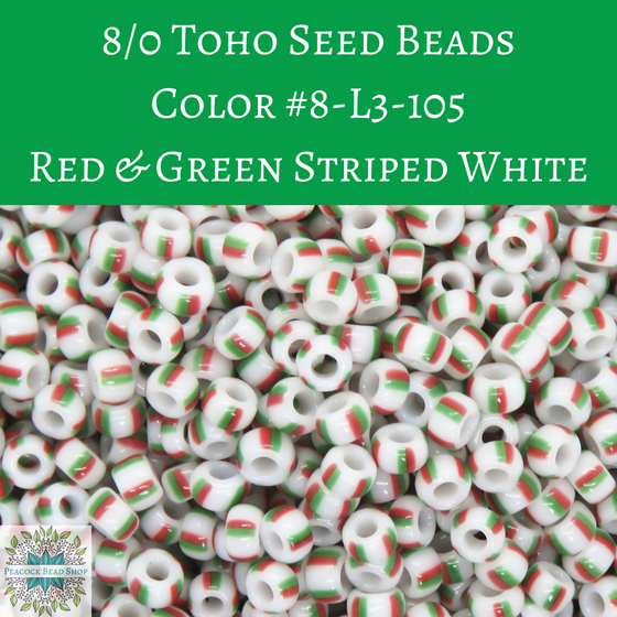 11 grams) 8/0 Toho Seed Beads #L3-105 Red and Green Striped White