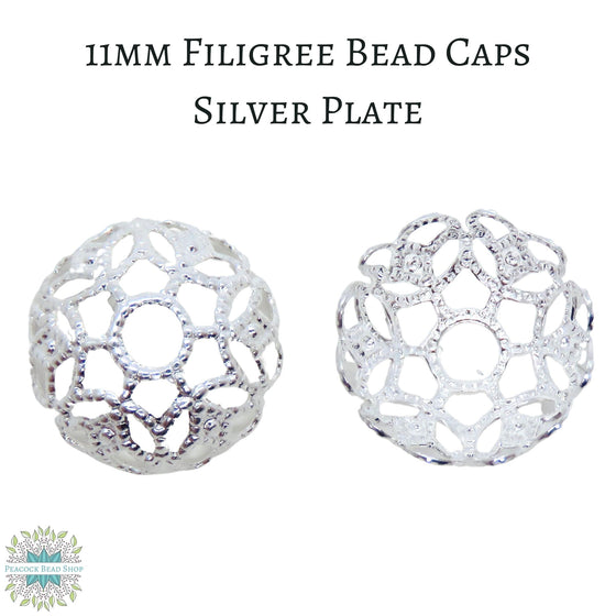 20 pcs) 11mm Filigree Caps Bead Caps Silver Plate