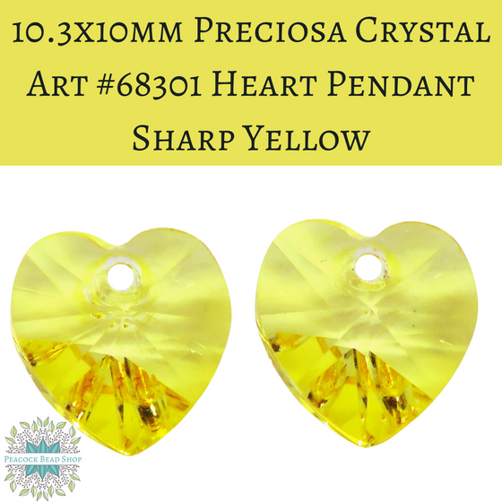 2 pcs) 10.3x10mm Preciosa Crystal Heart Pendants Sharp Yellow