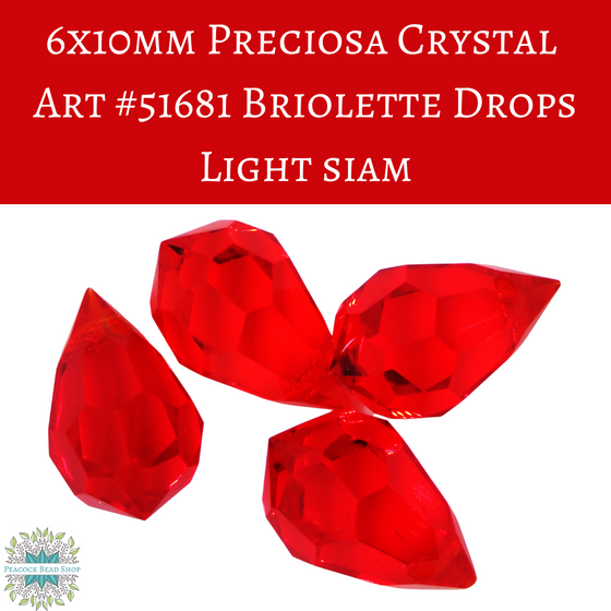 6 beads) 6x10mm Preciosa Crystal Briolette Drops Light Siam Red
