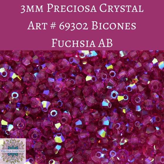 50 beads) 3mm Preciosa Crystal Bicones in Fuchsia AB