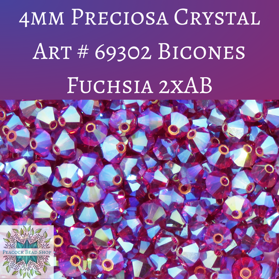 50 beads) 4mm Preciosa Crystal Bicones Fuchsia 2xAB