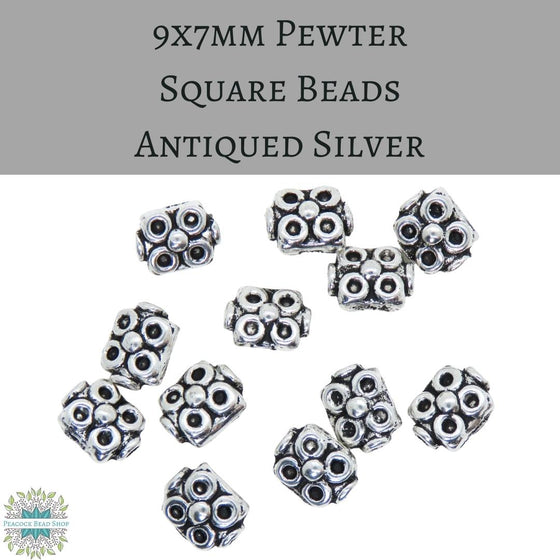 25 beads) 9x7mm Puffed Square Beads Antiqued Silver Pewter