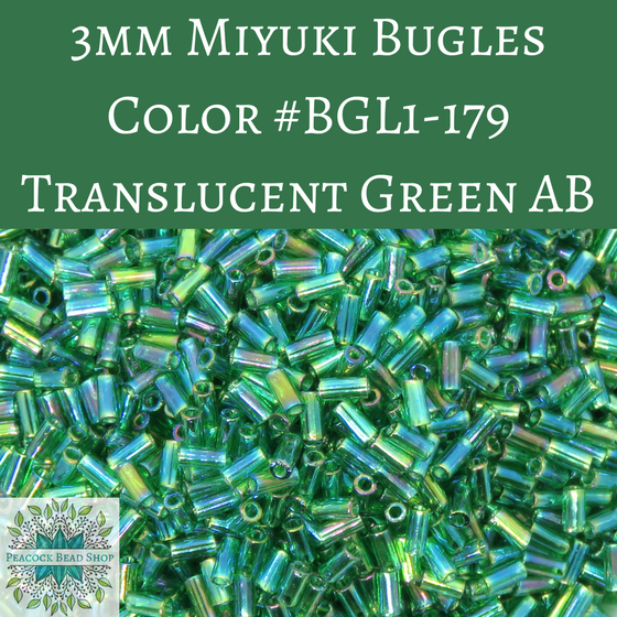 9 grams) 3mm Miyuki Bugles in color #179 Translucent Green AB