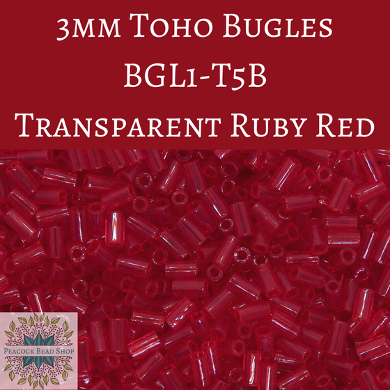9 grams) 3mm Toho Bugle Beads #T5B Transparent Ruby Red