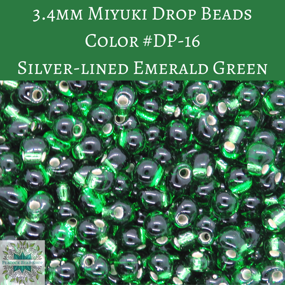 12.5 grams) 3.4mm Miyuki Drop Beads #16 Silver Lined Emerald Green