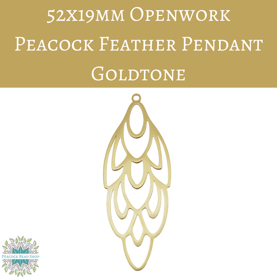 1 pendant) 52x19mm Openwork Peacock Feather Pendant Gold