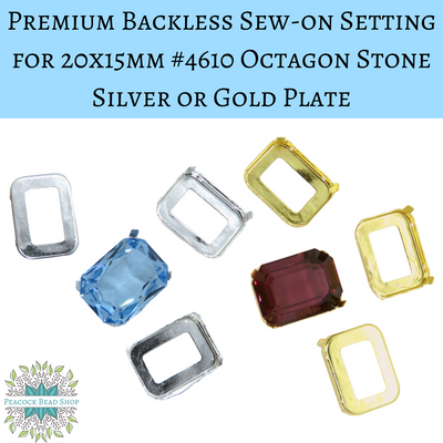 1 pc) 20x15mm Octagon Stone Backless Sew on Setting Silver or Gold Plate