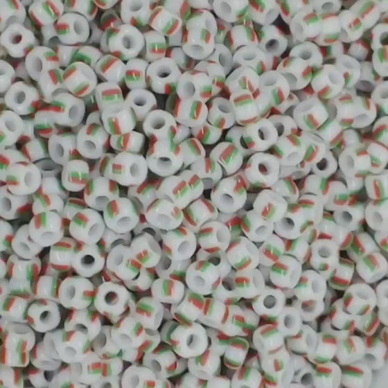 11 grams) 8/0 Toho Seed Beads #L3-105 Red and Green Striped White