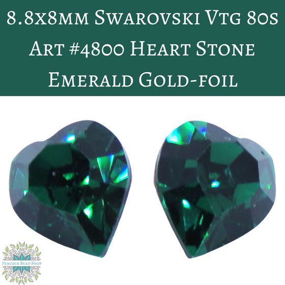 2 pcs) 8.8x8mm Vintage 80s Swarovski Crystal Heart Rhinestones #4800 Emerald Gold Foil Backed