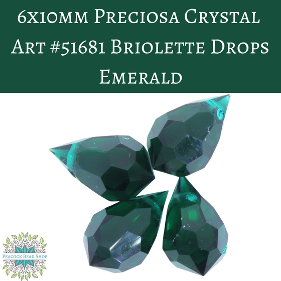 6 beads) 6x10mm Preciosa Crystal Briolette Drops Emerald