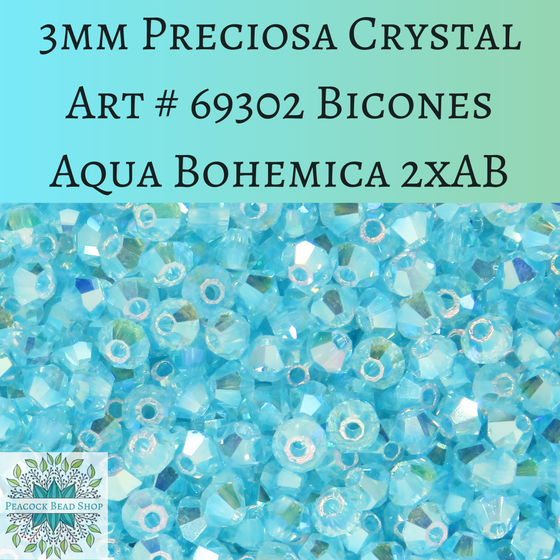 50 beads) 3mm Preciosa Crystal Bicones Aqua Bohemica 2xAB