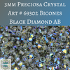 50 beads) 3mm Preciosa Crystal Bicones Black Diamond AB