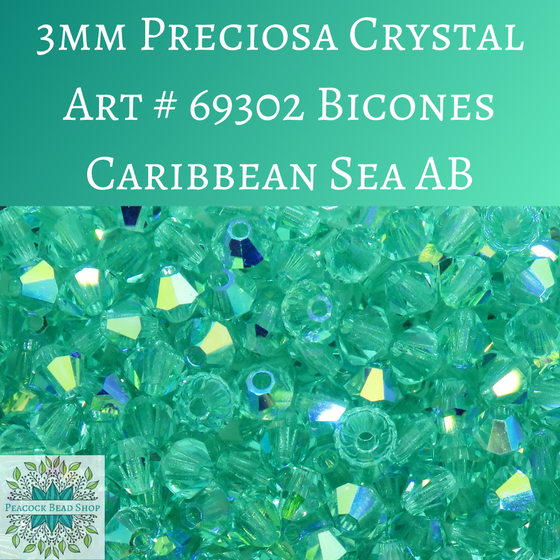 50 beads) 3mm Preciosa Crystal Bicones Caribbean Sea AB