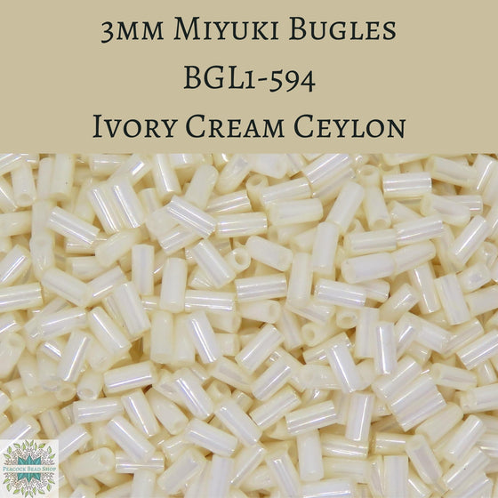 9 grams) 3mm Miyuki Bugle Beads #594 Ivory Cream Ceylon