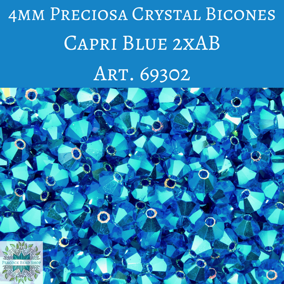 50 beads) 4mm Preciosa Crystal Bicones Capri Blue 2xAB