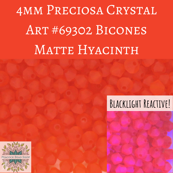 50 beads) 4mm Preciosa Crystal Bicones Matte Hyacinth Blacklight Reactive