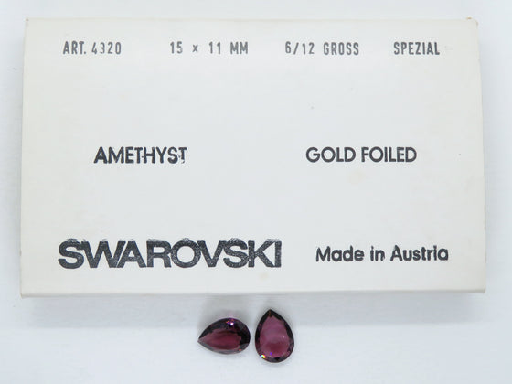 2 stones) 15x11mm Vintage 1980s Swarovski #4320 Pear Stones Amethyst Unfoiled
