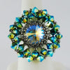 Kit_Calendula Flower Ring Kit_Peyote Stitch_Bead KIT_Swarovski Crystal_Peacock Green Blue_Antiqued Silver_Pattern_Peyote Ring