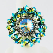  Kit_Calendula Flower Ring Kit_Peyote Stitch_Bead KIT_Swarovski Crystal_Peacock Green Blue_Antiqued Silver_Pattern_Peyote Ring