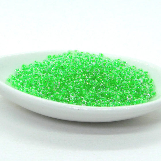 11/0 Toho Demi Rounds_#805 Neon Green Lined Crystal Clear_Green Seed Beads_Demis_9 grams
