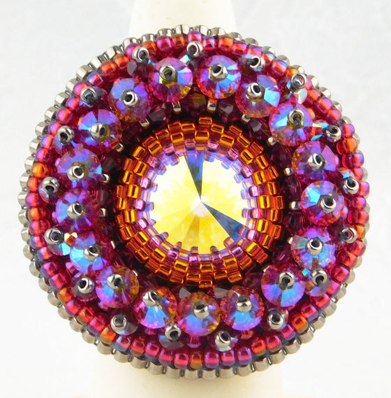 Bead KIT_Celestial Starburst Ring Kit_Peyote Stitch_Green/Amethyst_Fuchsia/Fire Opal_Bead Embroidery Kit_