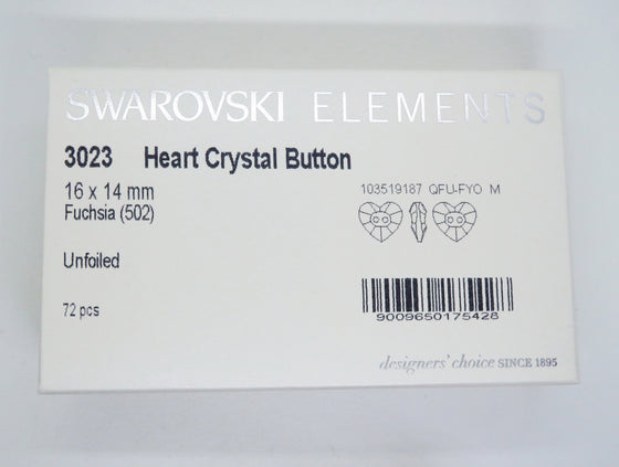 2) Swarovski Crystal Heart Buttons_16x14mm Fuchsia_Article #3023_Discontinued Style