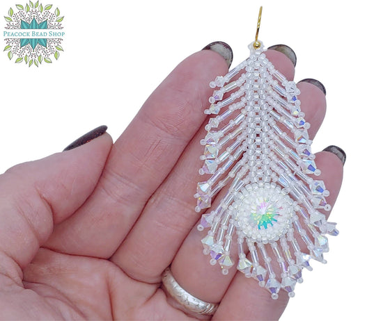 New Kit Color! Iridescent White Peacock Feather Earrings Kit_Full Kits or Beads Only