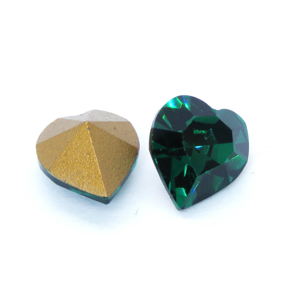 2 pcs) 8.8x8mm Vintage 80s Swarovski Crystal Heart Rhinestones_#4800_Emerald Gold Foil Backed
