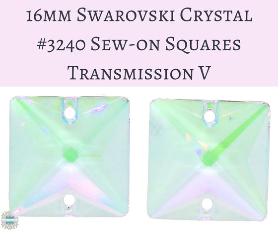 2) 16mm Swarovski Sew On Squares_Crystal Transmission V_