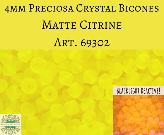 50 beads) 4mm Preciosa Crystal Bicones_Matte Citrine_Blacklight Reactive