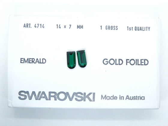 2 pcs) 14x7mm Rare Vtg 80s Swarovski Long Shield Stones in Emerald Gold foil-back