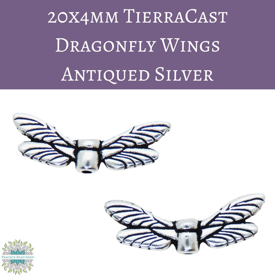 2 beads) 20x4mm TierraCast Pewter Dragonfly Wing Bead Antiqued Silver