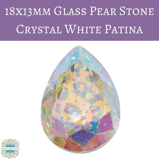 1 stone) 18x13mm Glass Pear Stone Crystal White Patina